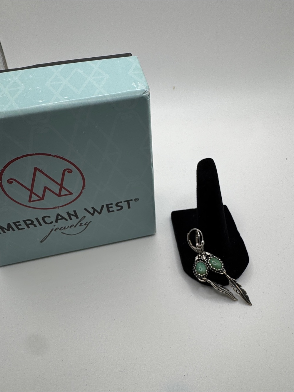 American West Silver Earrings with Green Stones and Feather Drops